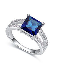 Fashion Blue Square Shape Diamond Decorated Hollow Out Design Ring