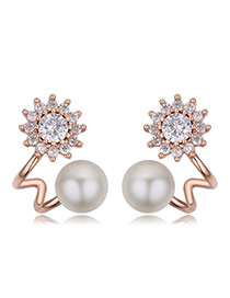 Fashion Rose Gold Diamond&pearls Decorated Flower Shape Earrings