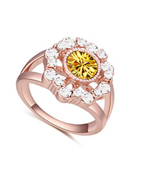 Fashion Rose Gold+yellow Big Round Diamond Decorated Hollow Out Flower Design Ring