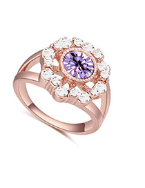 Fashion Rose Gold+purple Big Round Diamond Decorated Hollow Out Flower Design Ring
