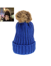 Sweet Sapphire Blue Fuzzy Ball Decorated Pure Color Cap