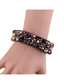 Fashion Black Beads&diamond Decorated Handmade Leather Bracelet
