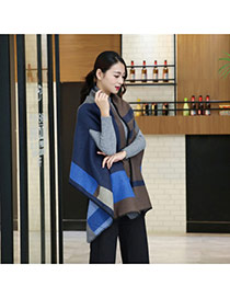 Fashion Blue+gray Grid Pattern Decorated Cloak Design Scarf
