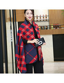 Fashion Red+navy Blue Grid Pattern Decorated Cloak Design Scarf