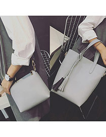 Fashion Gray Double Tassel Pendant Decorated Pure Color Bag (2pcs)