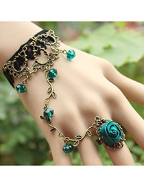 Vintage Green Beads&rose Flower Shape Decorated Leaf Design Ring