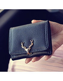 Fashion Black Metail Deer Head Decorated Pure Color Wallet