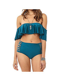 Fashion Blue Pure Color Decorated Off-the-shoulder Lotus Leaf Hem Design Bikini
