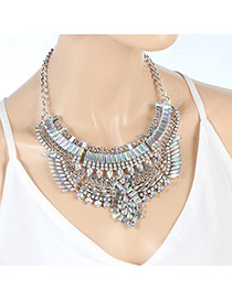 Fashion Silver Color Square Shape Diamond Decorated Multi-layer Simple Collar Necklace