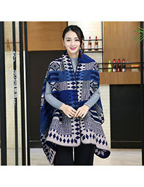 Fashion Blue Geometric Shape Pattern Decorated Cloak Shape Design Scarf