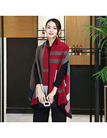 Fashion Red Geometric Shape Pattern Decorated Cloak Shape Design Scarf