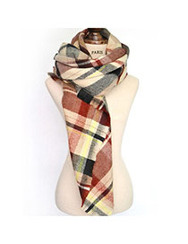 Fashion Brown Grid Pattern Decorated Tassel Design Color Matching Scarf