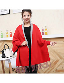 Fashion Red Long Tassel Pendant Decorated Pure Color Double Sides Dual-use Scarf