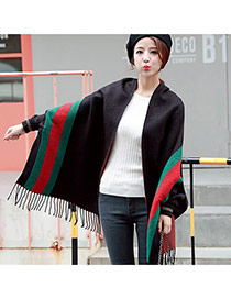 Fashion Black Long Tassel Pendant Decorated Pure Color Double Sides Dual-use Scarf