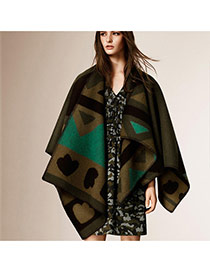 Fashion Green Geometric Shape Pattern Decorated Color Matching Cloak Shape Scarf