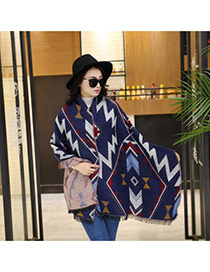 Fashion Blue Geometric Shape Pattern Decorated Double Sides Thick Scarf
