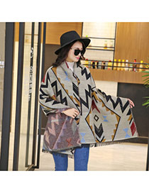 Fashion Beige Geometric Shape Pattern Decorated Double Sides Thick Scarf