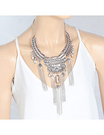 Fashion Silver Color Long Tassel Pendant Decorated Pure Color Necklace