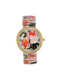 Fashion Orange Flower Pattern Decorated Large Dial Design Strech Watch
