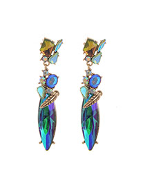 Fashion Blue Oval Shape Diamond Decorated Leaf Shape Simple Earrings