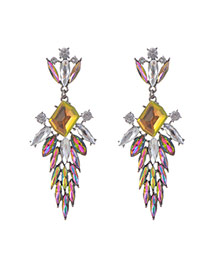 Fashion Yellow+plum Red Square Shape Diamond Decorated Hollow Out Design Earrings