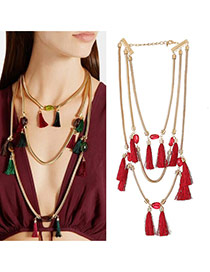 Bohemia Red Short Tassel Decorated Simple Multilayer Necklace