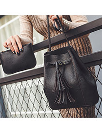 Elegant Black Double Tassel Pendant Decorated Pure Color Shoulder Bag(2pcs)