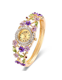 Fashion Gold Color+purple Flower Decorated Hollow Out Design Color Matching Watch