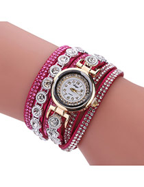 Fashion Plum Red Diamond Decorated Round Shape Dial Multi-layer Watch