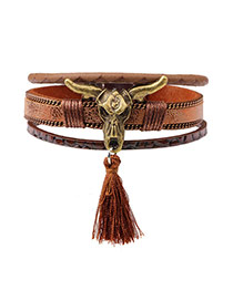 Exaggerated Coffee Ox-head&tassel Pendant Decorated Multilayer Bracelet