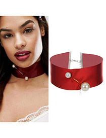 Sweet Claret-red Double Pearl Decorated Pure Color Chocker