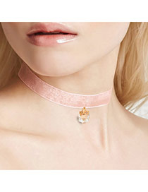 Fashion Pink Sqaure Shape Diamond Decorated Thin Lace Choker