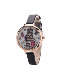 Fashion Black The Leaning Tower Of Pisa Pattern Decorated Thin Strap Watch