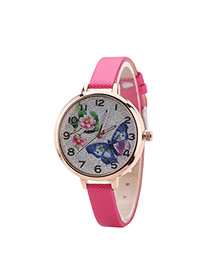 Fashion Plum Red Buterfly&flower Pattern Decorated Round Dail Thin Strap Watch