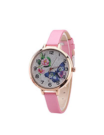 Fashion Pink Buterfly&flower Pattern Decorated Round Dail Thin Strap Watch