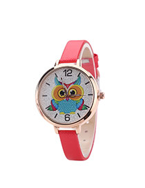 Fashion Red Owl Pattern Decorated Round Dail Design Thin Strap Watch