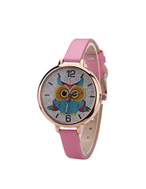 Fashion Pink Owl Pattern Decorated Round Dail Design Thin Strap Watch