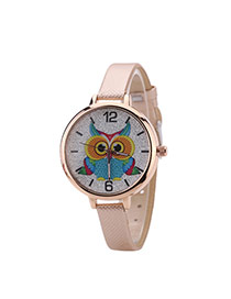 Fashion Beige Owl Pattern Decorated Round Dail Design Thin Strap Watch
