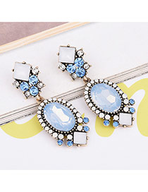 Trendy Blue Oval Shape Gemstone Decorated Color Matching Simple Earrings