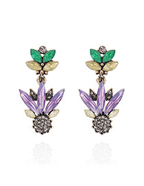 Fashion Multi-color Oval Shape Diamond Decorated Flower Shape Simple Earrings