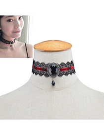 Fashion Black Oval Shape Diamond Decorated Hollow Out Lace Choker