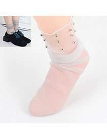 Fashion White Rivet&pearls Decorated Pure Color Simple Socks