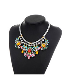 Fashion Pink+yellow Water Drop Shape Diamond Decorated Color Matching Necklace