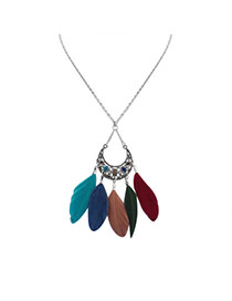 Fashion Multi-color Feather Pendant Decorated Hollow Out Crescent Moon Shape Simple Necklace