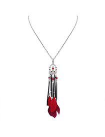 Fashion Red Feather&long Tassel Pendant Decorated Simple Necklace