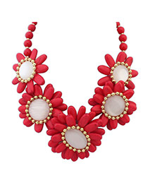 Fashion Red Beads Decorated Flower Shape Design Necklace