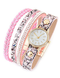 Trendy Pink Diamond Decorated Round Dail Multi-layer Simple Watch