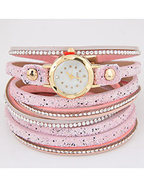 Trendy Pink Diamond Decorated Round Dail Multi-laye Simple Watch