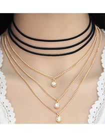 Fashion Black+gold Color Diamond Decorated Multi-layer Chain Design Simple Necklace