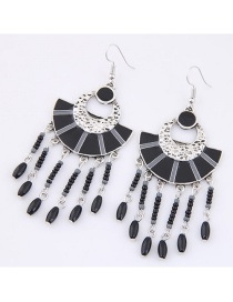 Trendy Black Long Tassel Decorated Sector Shape Earrings